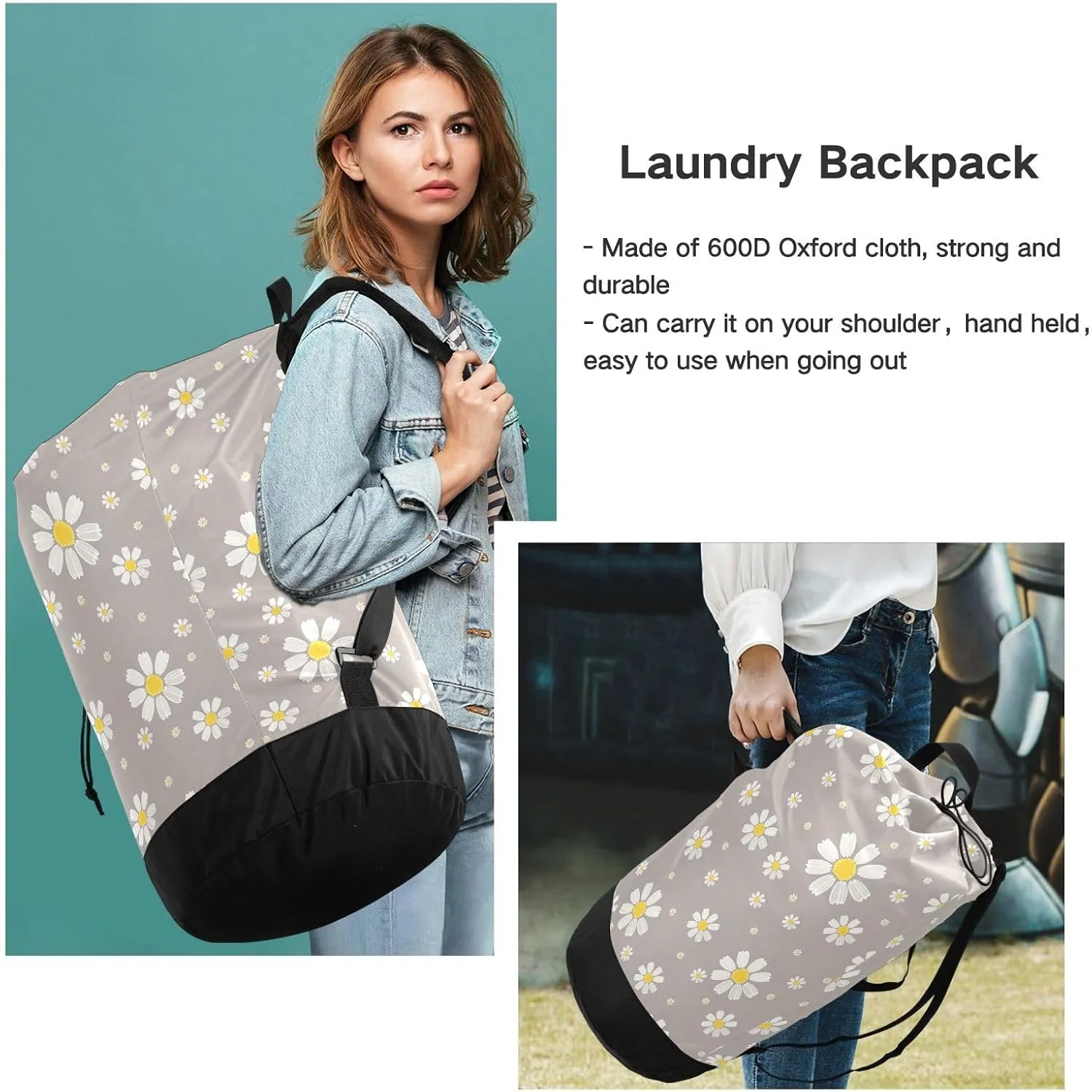 Cute Daisy Gray Laundry Bag, Large Heavy Duty, Waterproof Laundry Backpack with Adjustable Shoulder Strap for Camping, Dorm, Gym, Laundry Room