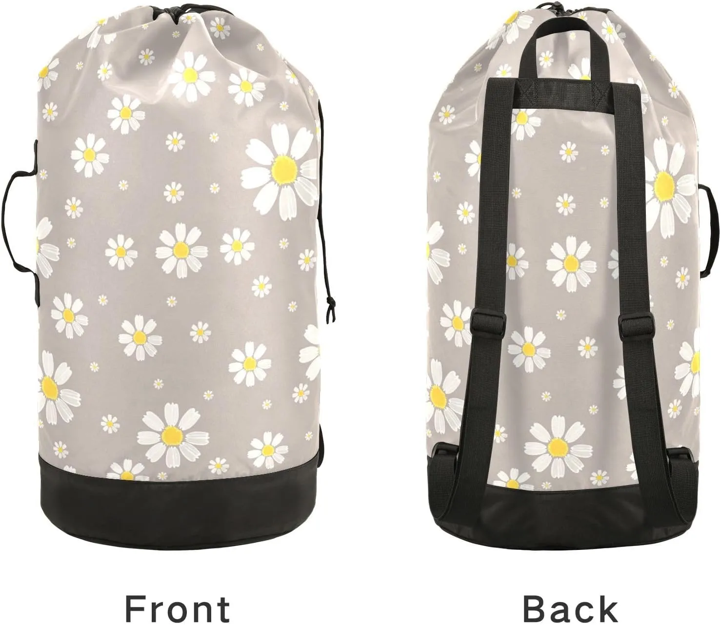 Cute Daisy Gray Laundry Bag, Large Heavy Duty, Waterproof Laundry Backpack with Adjustable Shoulder Strap for Camping, Dorm, Gym, Laundry Room