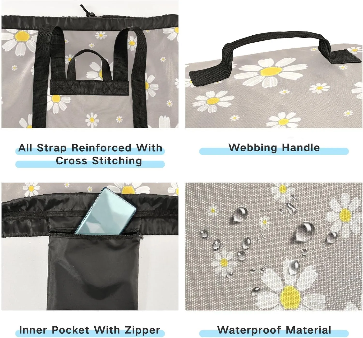 Cute Daisy Gray Laundry Bag, Large Heavy Duty, Waterproof Laundry Backpack with Adjustable Shoulder Strap for Camping, Dorm, Gym, Laundry Room