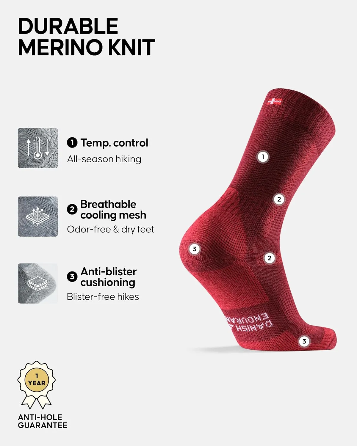 DANISH ENDURANCE Merino Wool Hiking Crew Socks for Men & Women, Cushioned Anti-Blister, Breathable - 3 Pairs