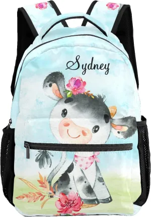 Deven Pink Floral Farm Little Cow Personalized Kids Backpack for Boy/Girl Teen Primary School Daypack Travel Bag Bookbag