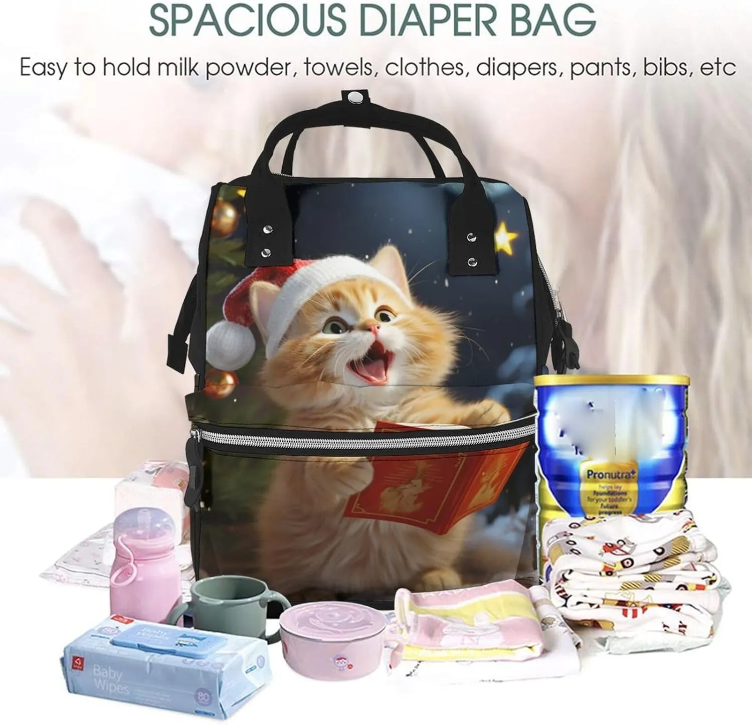 Diaper Bag Nappy Backpack Baby Bag Las Vegas night view Mummy Backpack Multifunction Changing Bags for Travel, Cute Cat Sing Christmas Carols, One Size