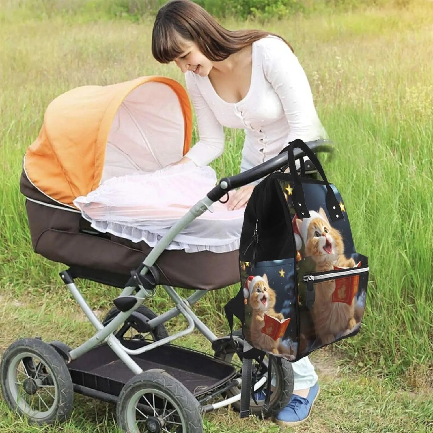 Diaper Bag Nappy Backpack Baby Bag Las Vegas night view Mummy Backpack Multifunction Changing Bags for Travel, Cute Cat Sing Christmas Carols, One Size