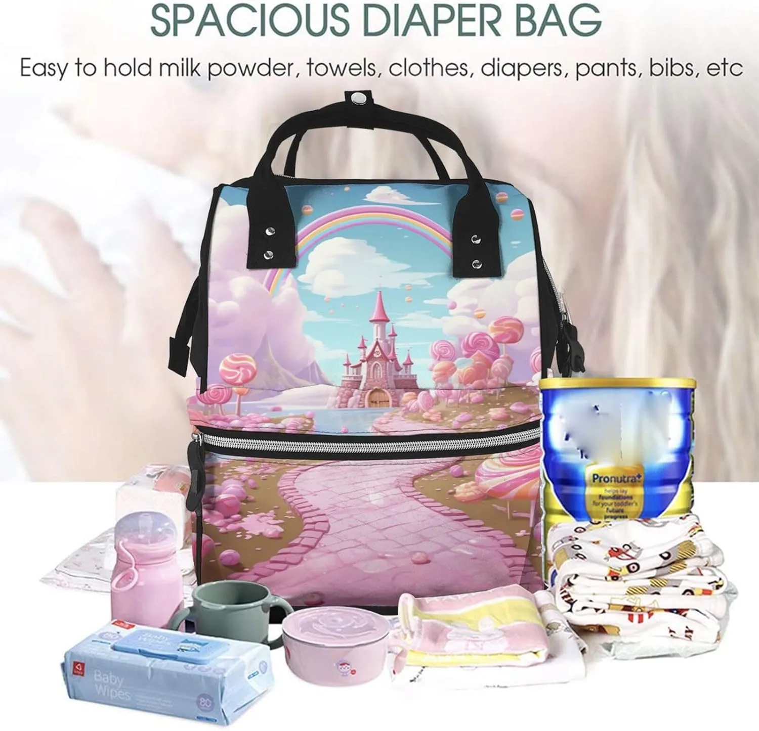Diaper Bag Nappy Backpack Baby Bag Opossum In Snow Mummy Backpack Multifunction Changing Bags for Travel, Candy Land, One Size