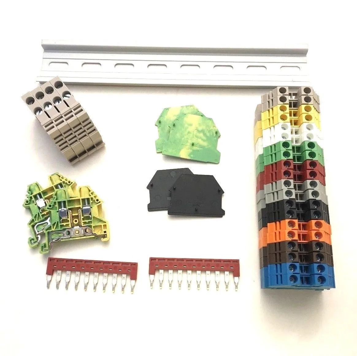 DIN Rail Terminal Blocks Kit by International Connector 20 Dinkle DK2.5N DIN Terminal Block Connectors 12-22 AWG Gauge 20A 600V, Ground Blocks, Jumpers, End Covers, End Brackets on 8'' Aluminum Rail