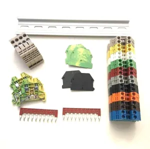DIN Rail Terminal Blocks Kit by International Connector 20 Dinkle DK2.5N DIN Terminal Block Connectors 12-22 AWG Gauge 20A 600V, Ground Blocks, Jumpers, End Covers, End Brackets on 8'' Aluminum Rail