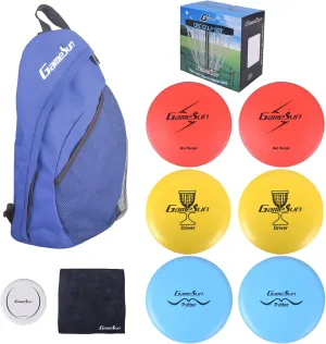 DISC Golf Set Includes 1pc Heavy Duty Nylon Backpack Bag, 2pcs Drivers, 2pcs Mid-Ranges, 2pcs Putters, 1pc Mini Disc Marker, 1pc 12”x12” Embroider Logo Black Towel and 1pc Gift Color Box