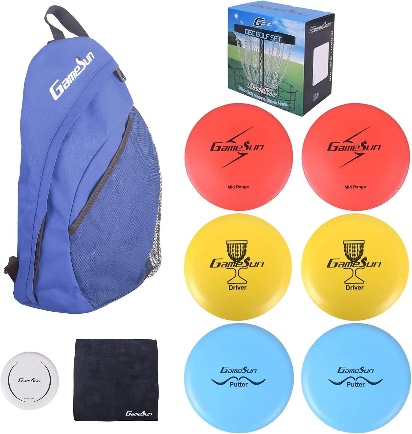 DISC Golf Set Includes 1pc Heavy Duty Nylon Backpack Bag, 2pcs Drivers, 2pcs Mid-Ranges, 2pcs Putters, 1pc Mini Disc Marker, 1pc 12”x12” Embroider Logo Black Towel and 1pc Gift Color Box