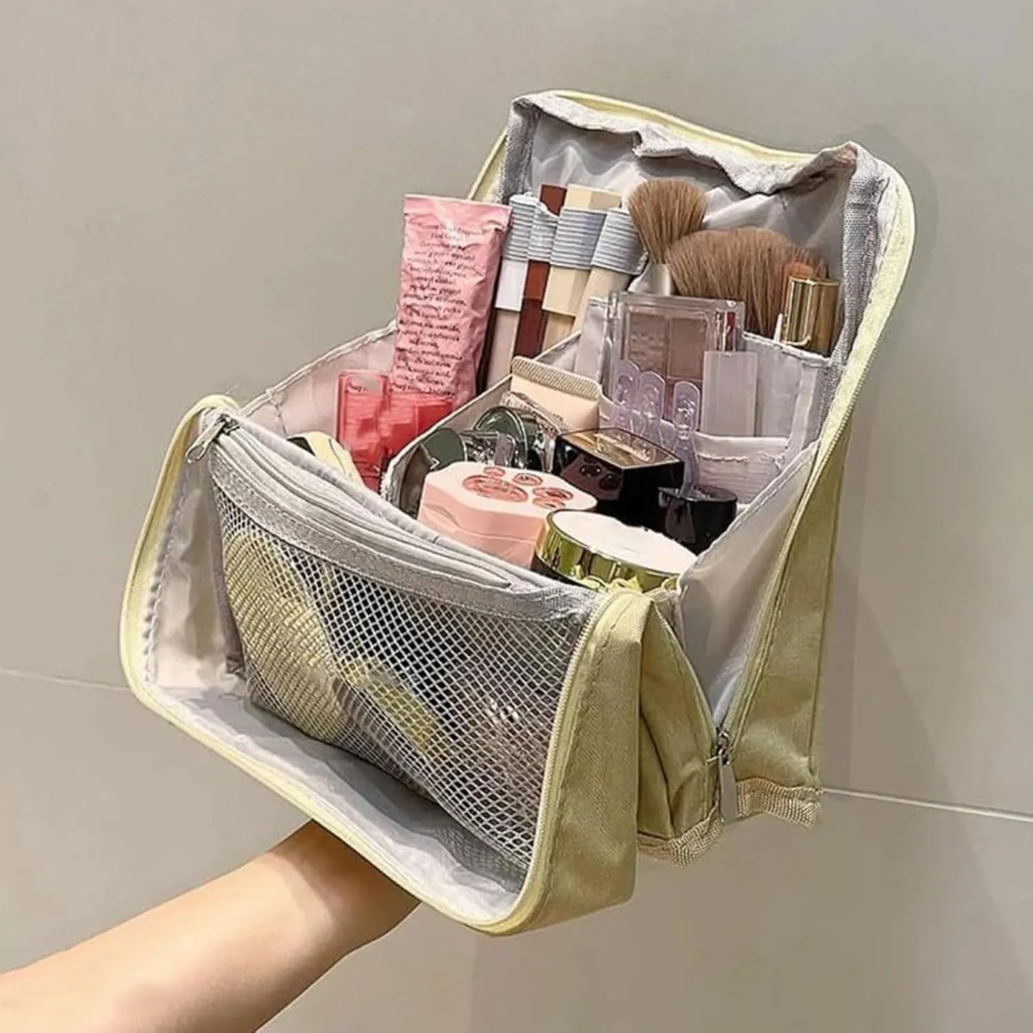 Doresty Standing Makeup Bag, Portable Large Capacity Vertical Makeup Organizer Bag, Multi-purpose Waterproof Makeup Bag with Compartments, for Home or Travel (Navy blue)