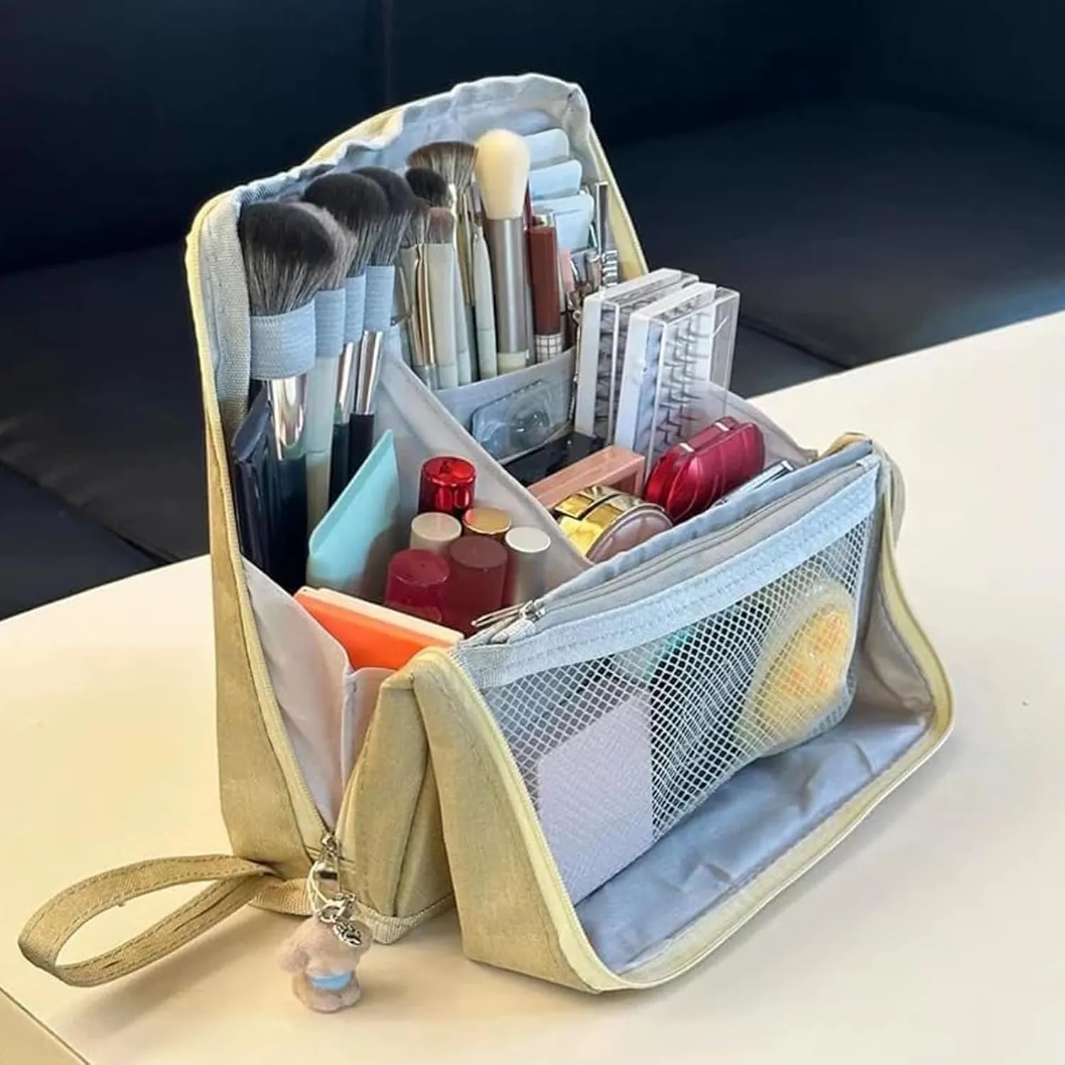 Doresty Standing Makeup Bag, Portable Large Capacity Vertical Makeup Organizer Bag, Multi-purpose Waterproof Makeup Bag with Compartments, for Home or Travel (Navy blue)