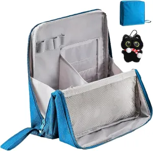 Doresty Standing Makeup Bag, Portable Large Capacity Vertical Makeup Organizer Bag, Multi-purpose Waterproof Makeup Bag with Compartments, for Home or Travel (Navy blue)