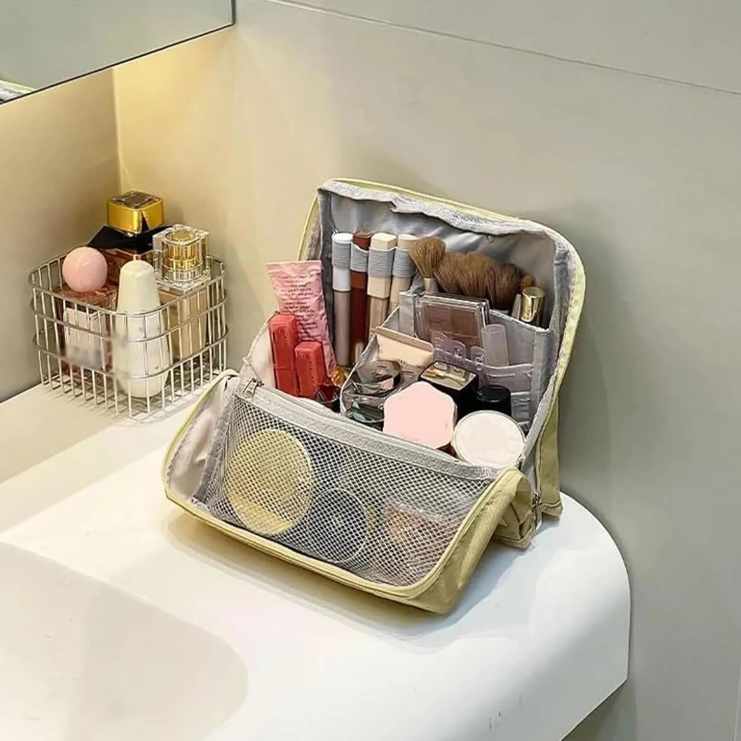 Doresty Standing Makeup Bag, Portable Large Capacity Vertical Makeup Organizer Bag, Multi-purpose Waterproof Makeup Bag with Compartments, for Home or Travel (Navy blue)