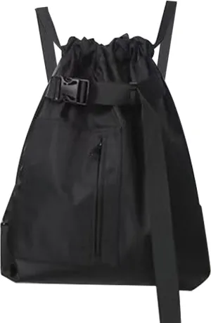 Drawstring Backpack for Men, Sports Gym Bag Backpack with Zipper Pockets, Waterproof String Bag for Workout Travel Sack - Black