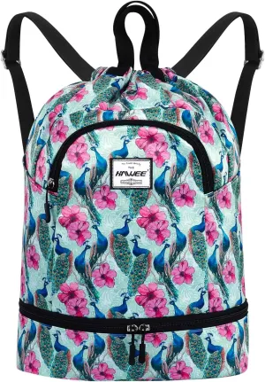 Dry Wet Drawstring Backpack with Shoe Compartment for Women Adjustable Gym Bag