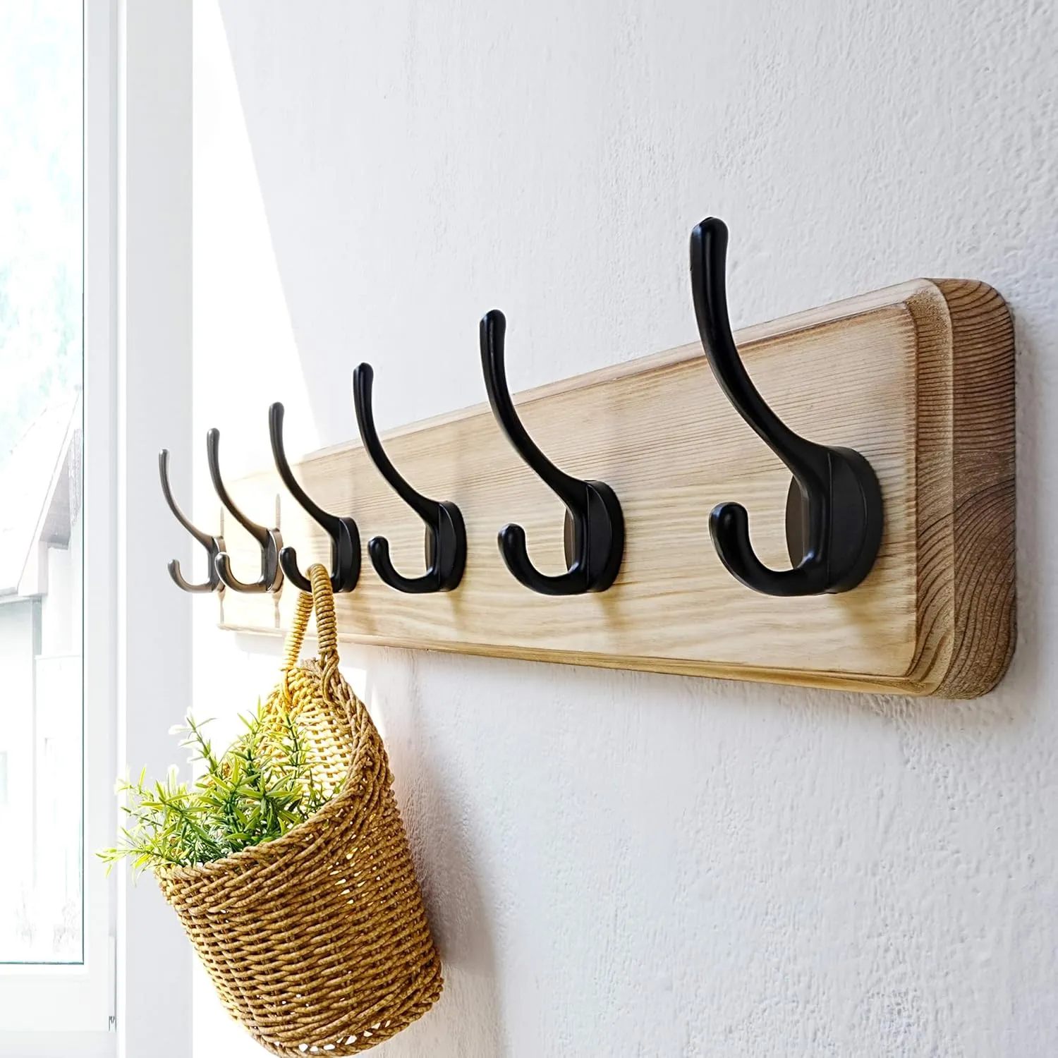 Dseap Coat Rack Wall: 24" Long, Patented, Heavy-Duty, 6-Double-Hooks Wooden Wall Mounted Coat Rack Coat Hanger Hook Rail for Winter Coats Hat Jacket Clothing, Light Brown