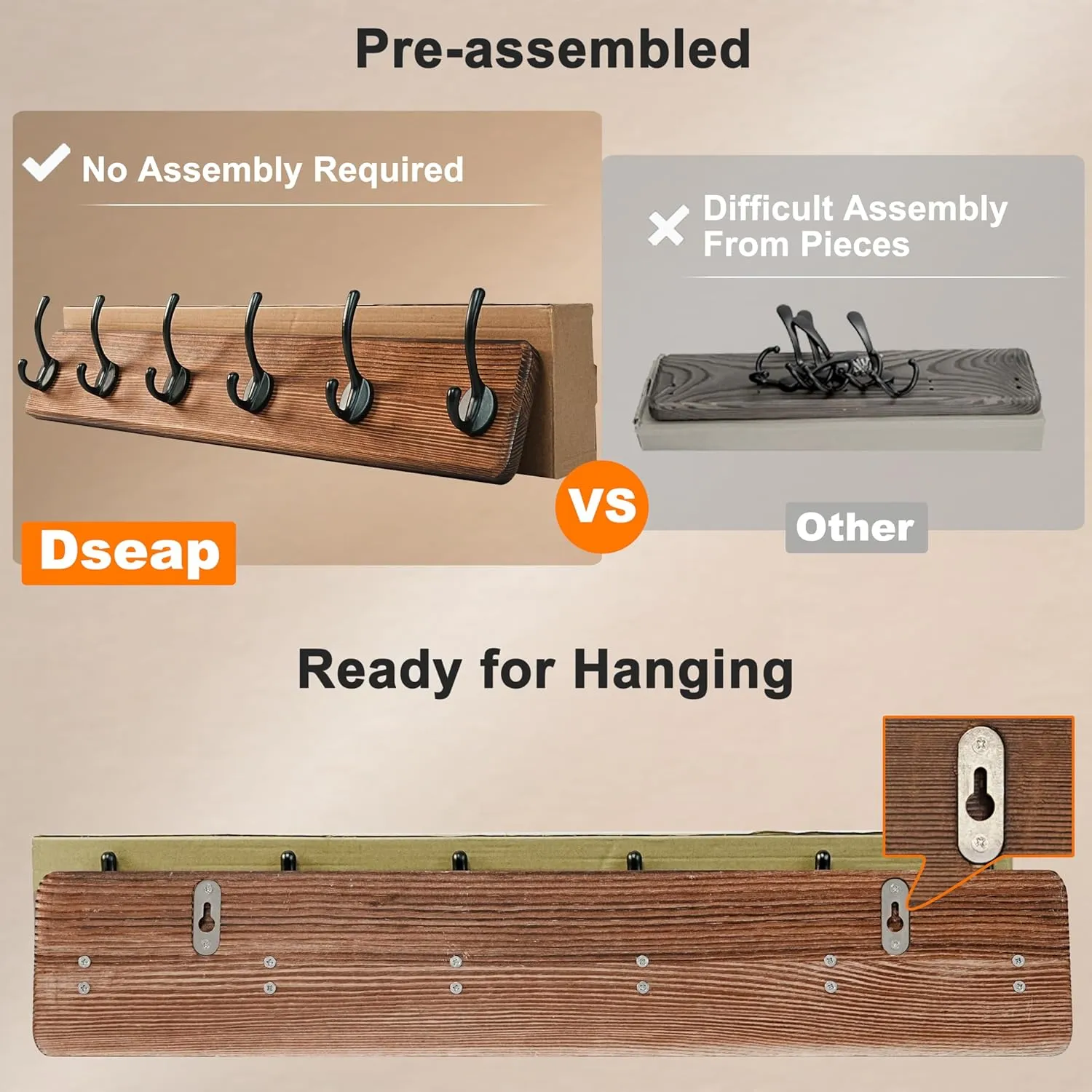 Dseap Coat Rack Wall: 24" Long, Patented, Heavy-Duty, 6-Double-Hooks Wooden Wall Mounted Coat Rack Coat Hanger Hook Rail for Winter Coats Hat Jacket Clothing, Light Brown