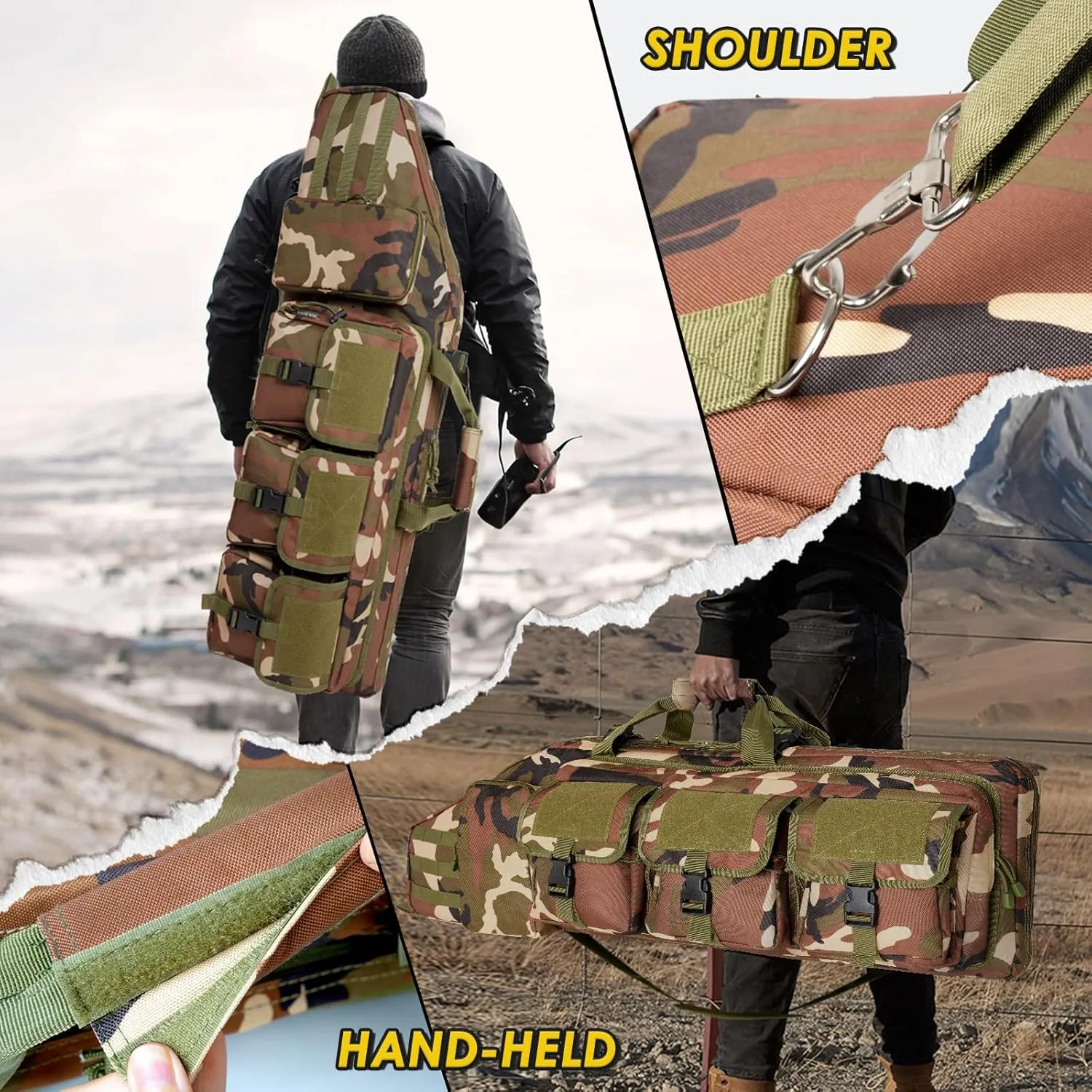 DULCE DOM Double Rifle Case 36/42/48 inch Soft Gun Bag Tactical Backpack with Removable Dividers for Hunting Shooting Range, MOLLE System Multiple Magazine Pouches & Accessory Bags