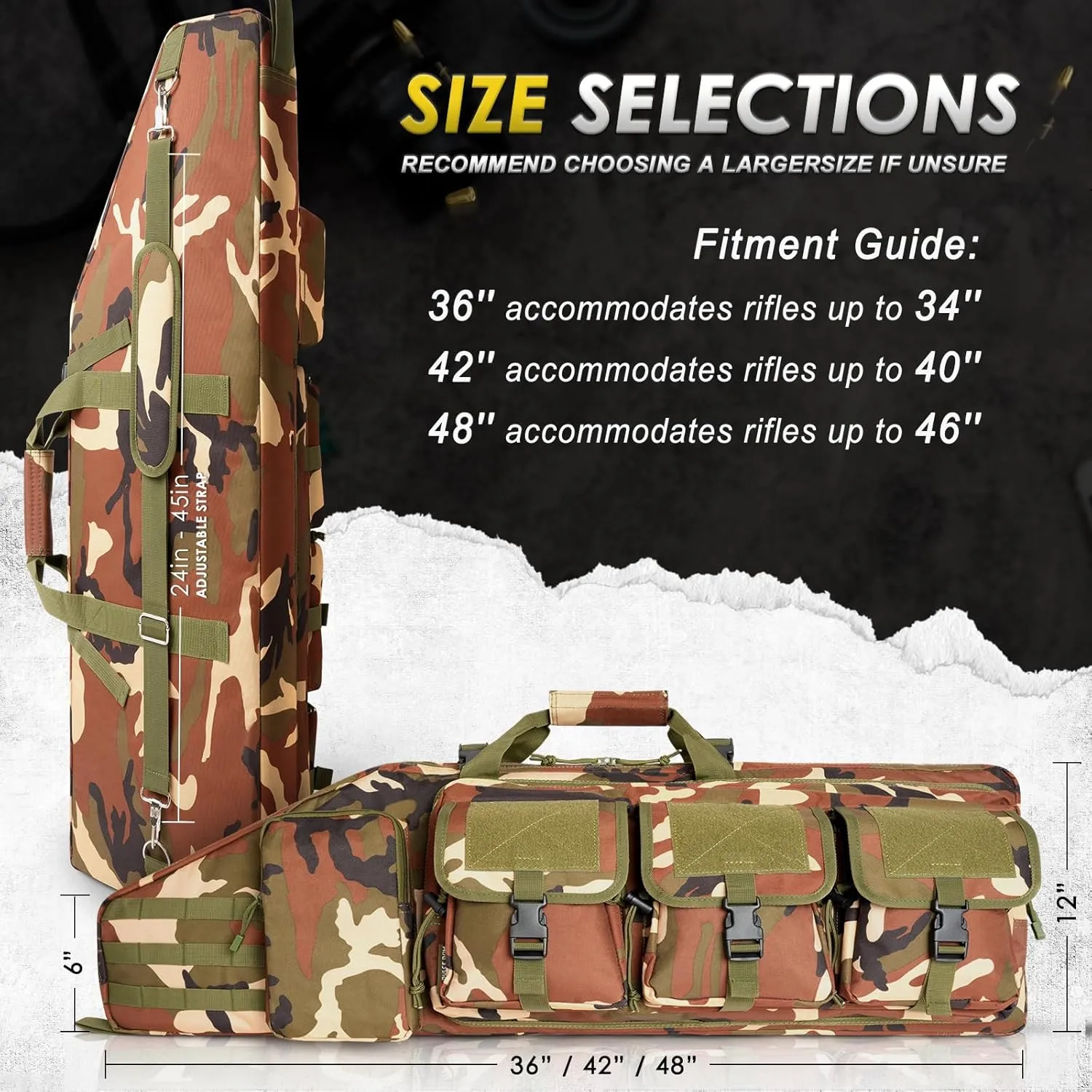 DULCE DOM Double Rifle Case 36/42/48 inch Soft Gun Bag Tactical Backpack with Removable Dividers for Hunting Shooting Range, MOLLE System Multiple Magazine Pouches & Accessory Bags