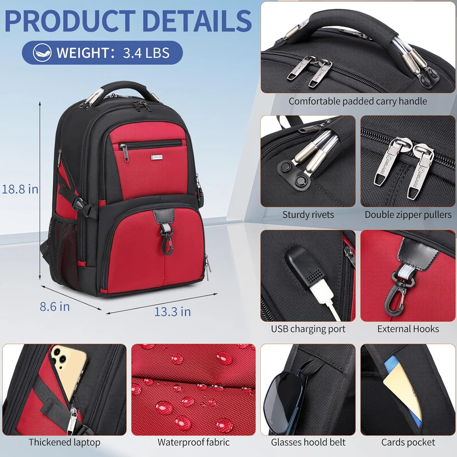 DUSLANG 50L Travel Laptop Backpack for Men Women, Extra Large Heavy Duty Carry on Backpack Airline Approved(Red)