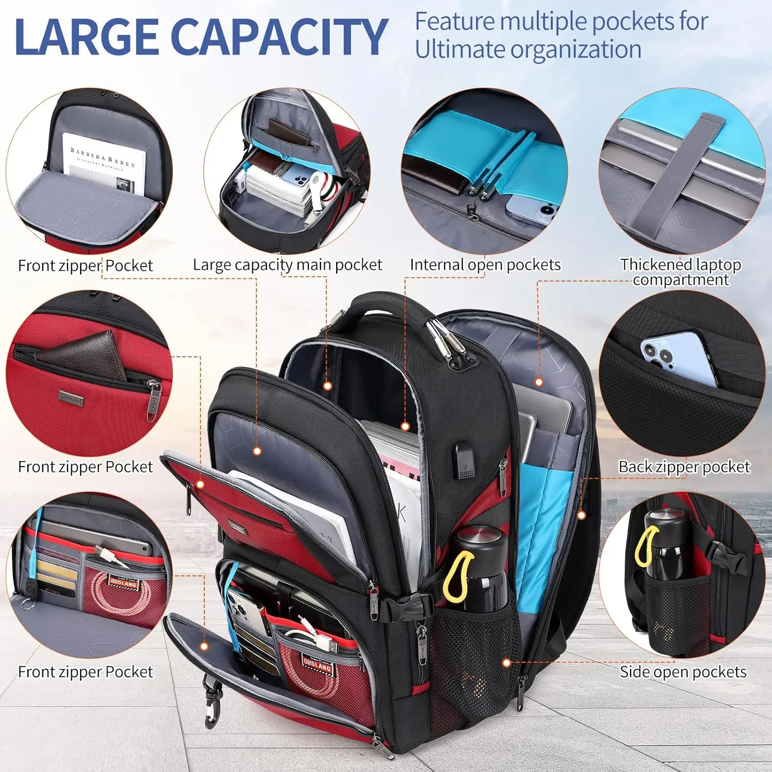 DUSLANG 50L Travel Laptop Backpack for Men Women, Extra Large Heavy Duty Carry on Backpack Airline Approved(Red)