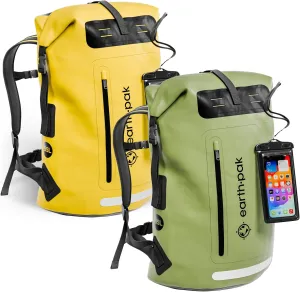 Earth Pak Waterproof Backpack - Heavy Duty Roll-Top Closure with Easy Access Front-Zippered Pocket and Cushioned Padded Back Panel for Comfort with IPX8 Waterproof Phone Case