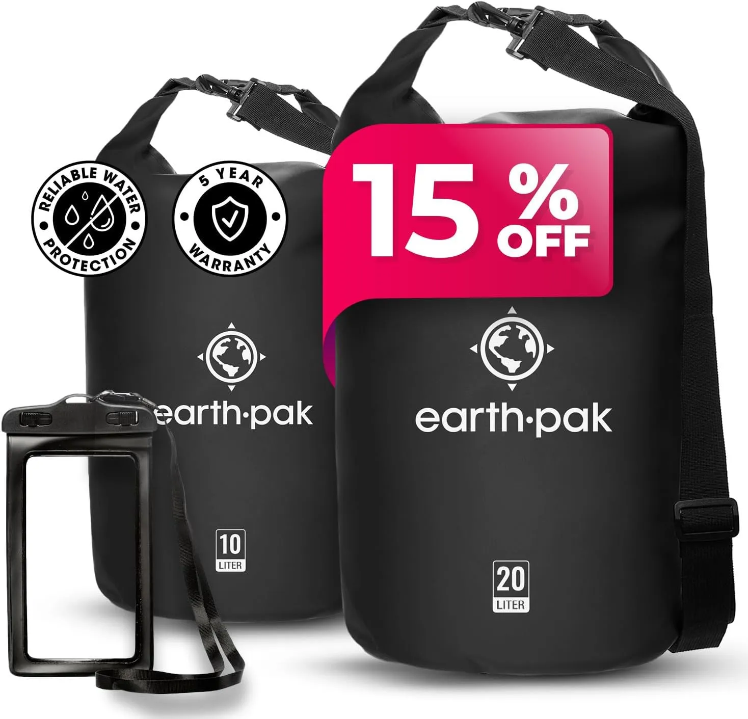 Earth Pak Waterproof Dry Bag - Roll Top Waterproof Backpack Sack (20L Black & 10L Black)