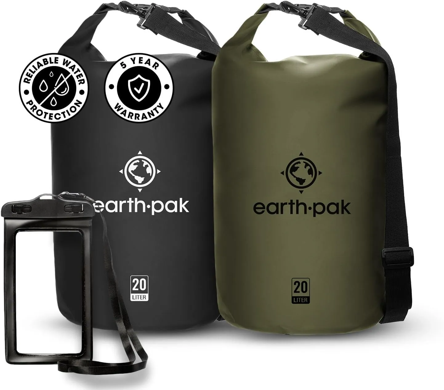 Earth Pak Waterproof Dry Bag - Roll Top Waterproof Backpack Sack (20L Black & 20L Green)