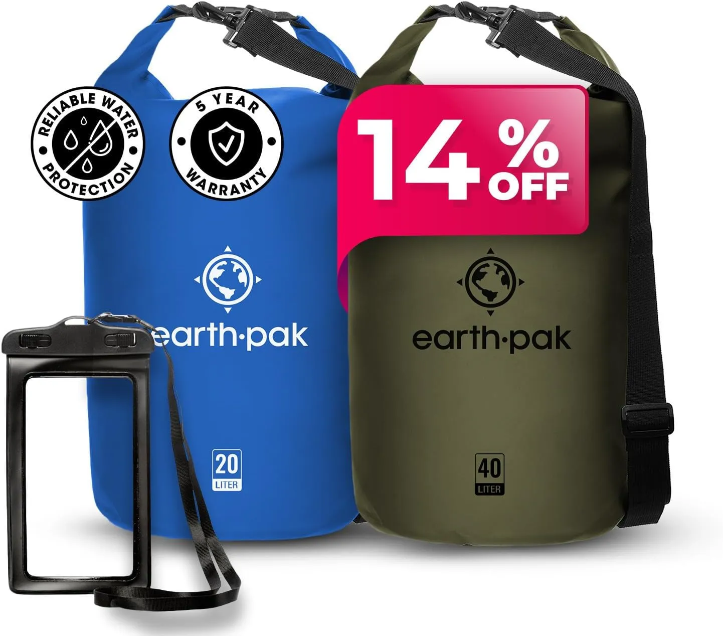 Earth Pak Waterproof Dry Bag - Roll Top Waterproof Backpack Sack (20L Blue & 20L Green)