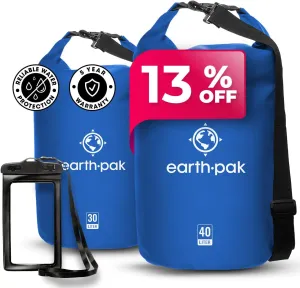 Earth Pak Waterproof Dry Bag - Roll Top Waterproof Backpack Sack (Blue 40L & 30L)