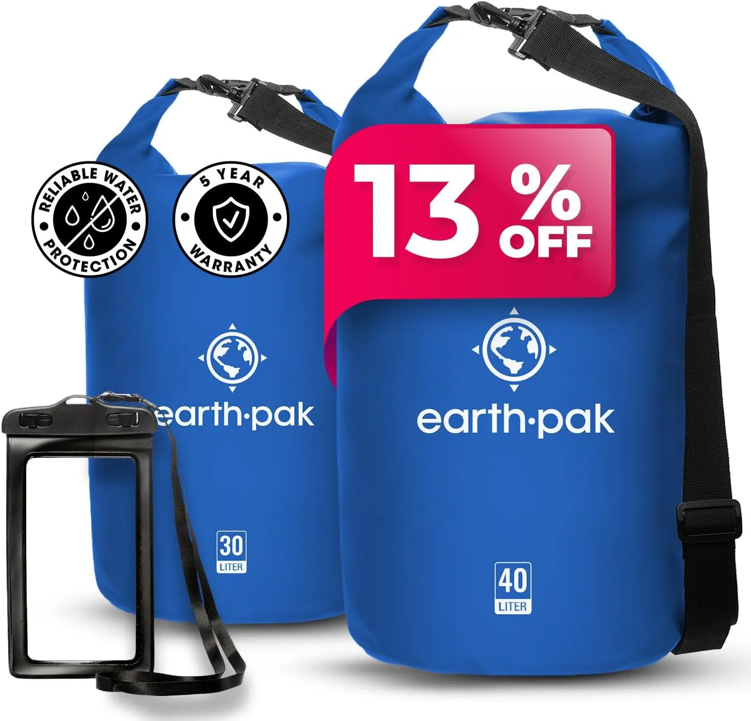 Earth Pak Waterproof Dry Bag - Roll Top Waterproof Backpack Sack (Blue 40L & 30L)