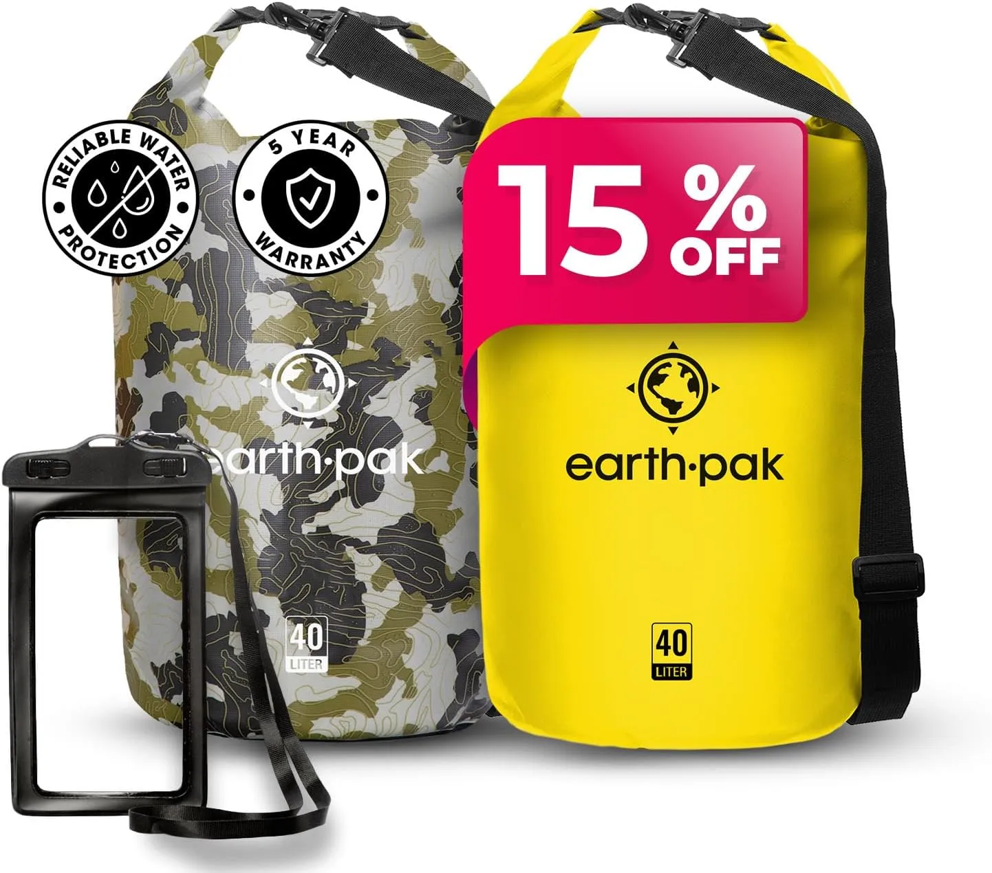 Earth Pak Waterproof Dry Bag - Roll Top Waterproof Backpack Sack (Camo 40L & Yellow 40L)