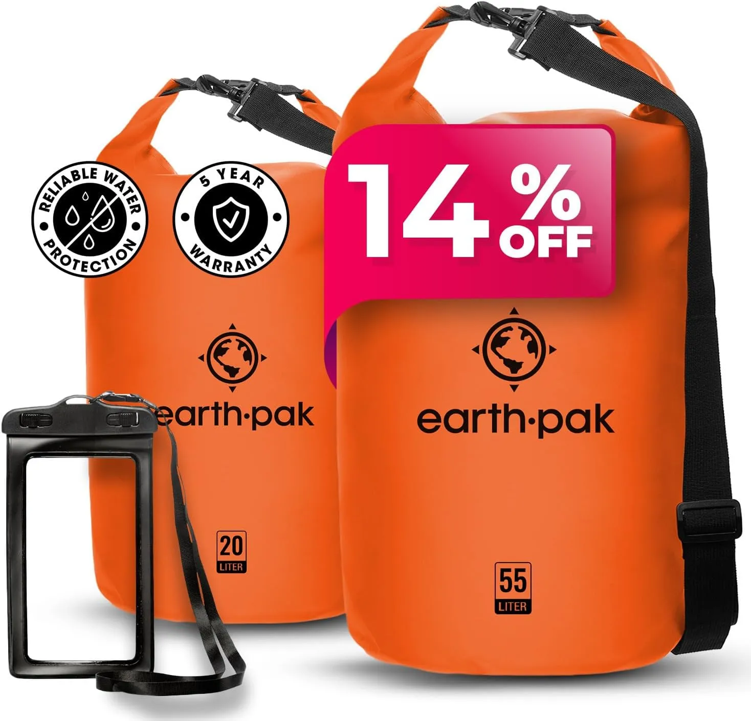 Earth Pak Waterproof Dry Bag - Roll Top Waterproof Backpack Sack (Orange 55L & 20L)