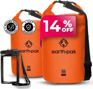 Earth Pak Waterproof Dry Bag - Roll Top Waterproof Backpack Sack (Orange 55L & 20L)