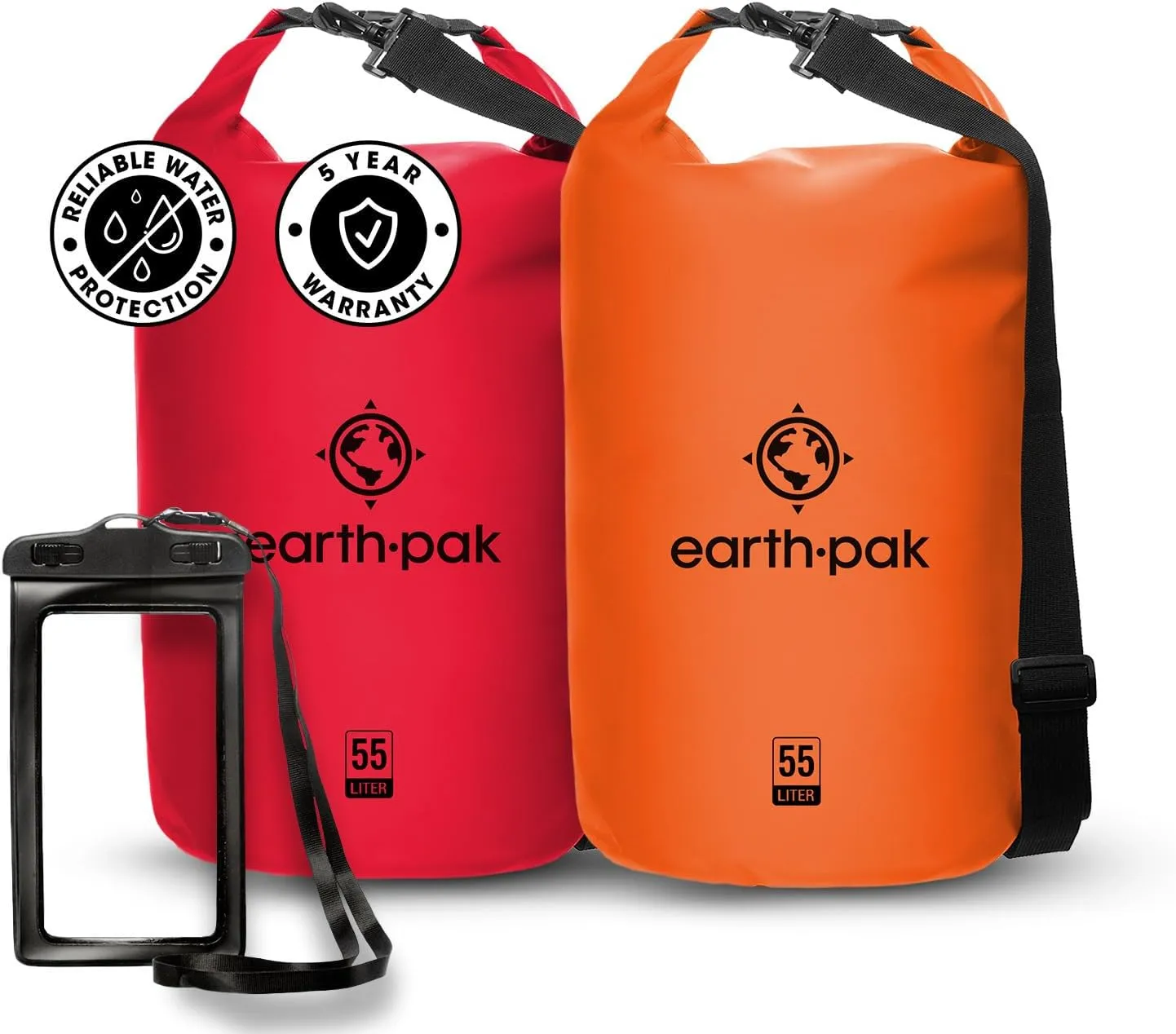 Earth Pak Waterproof Dry Bag - Roll Top Waterproof Backpack Sack Red 55L & Orange 55L
