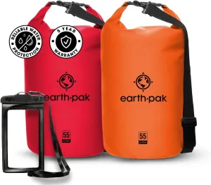 Earth Pak Waterproof Dry Bag - Roll Top Waterproof Backpack Sack Red 55L & Orange 55L