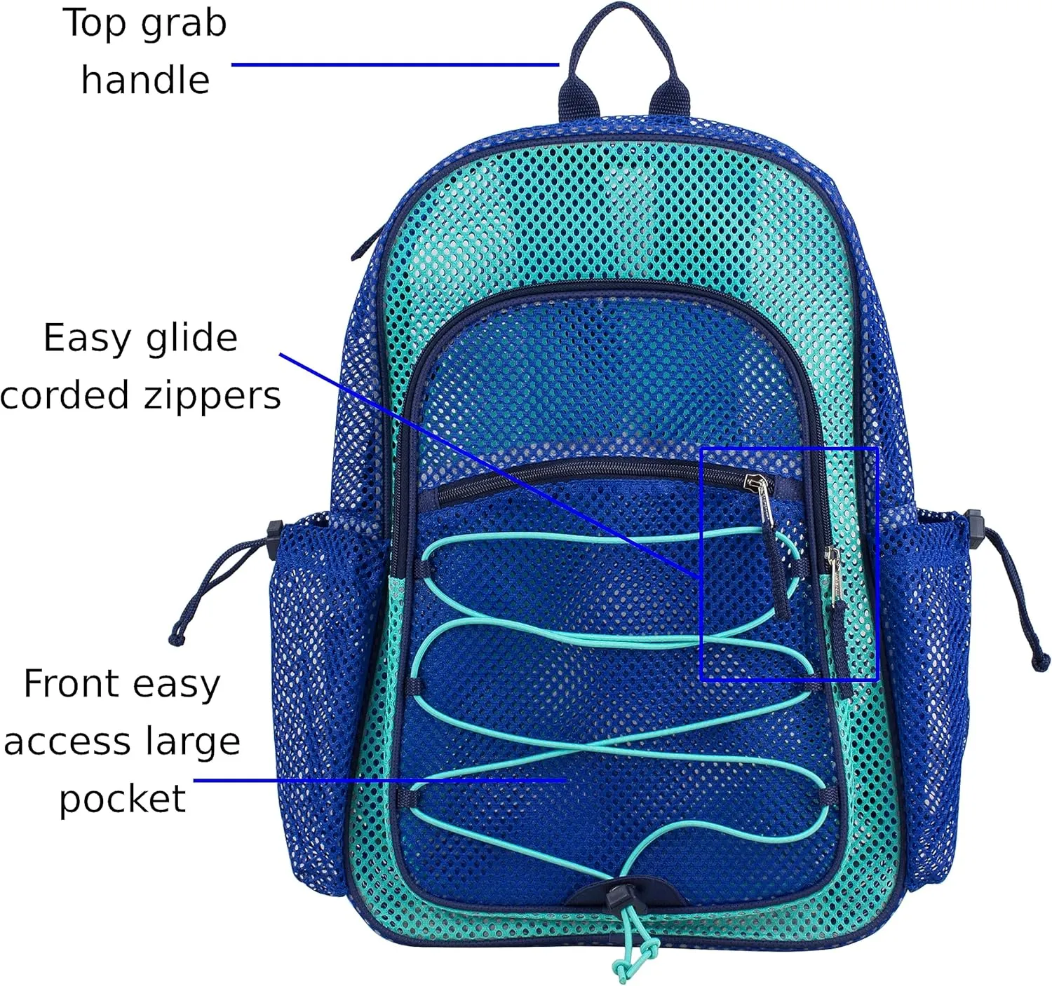 Eastsport Heavy Duty Mesh Lightweight Backpack with Adjustable Bungee for Travel, Work, Sports, Beach, College, Security Check, Large Bag 18 inches, Blue Indigo