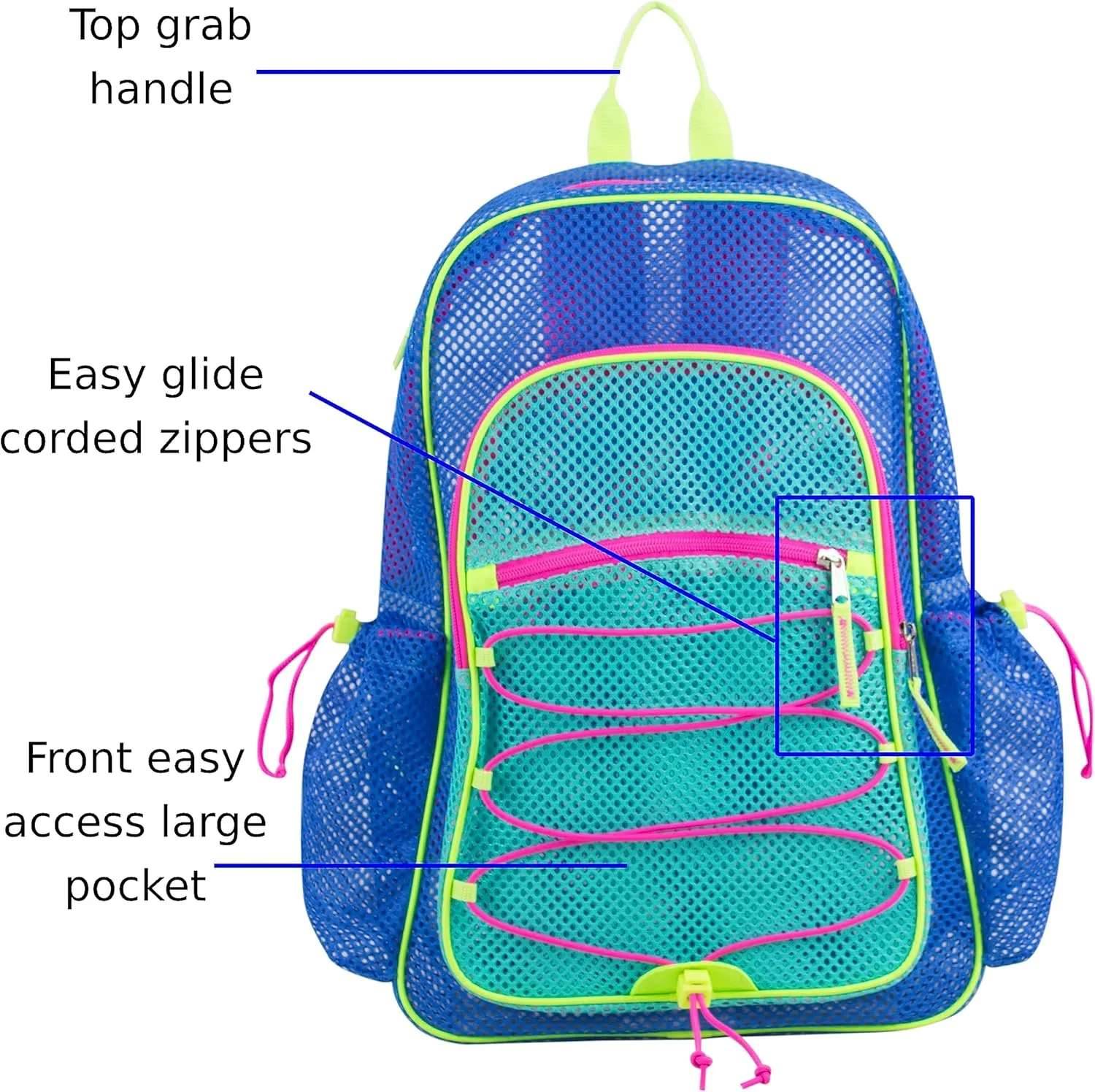 Eastsport Mesh Lightweight Beach Backpack with Adjustable Bungee for Travel, Work, Sports, Beach, College, Security Check, Large Bag 18 inches, Dynamic Blue