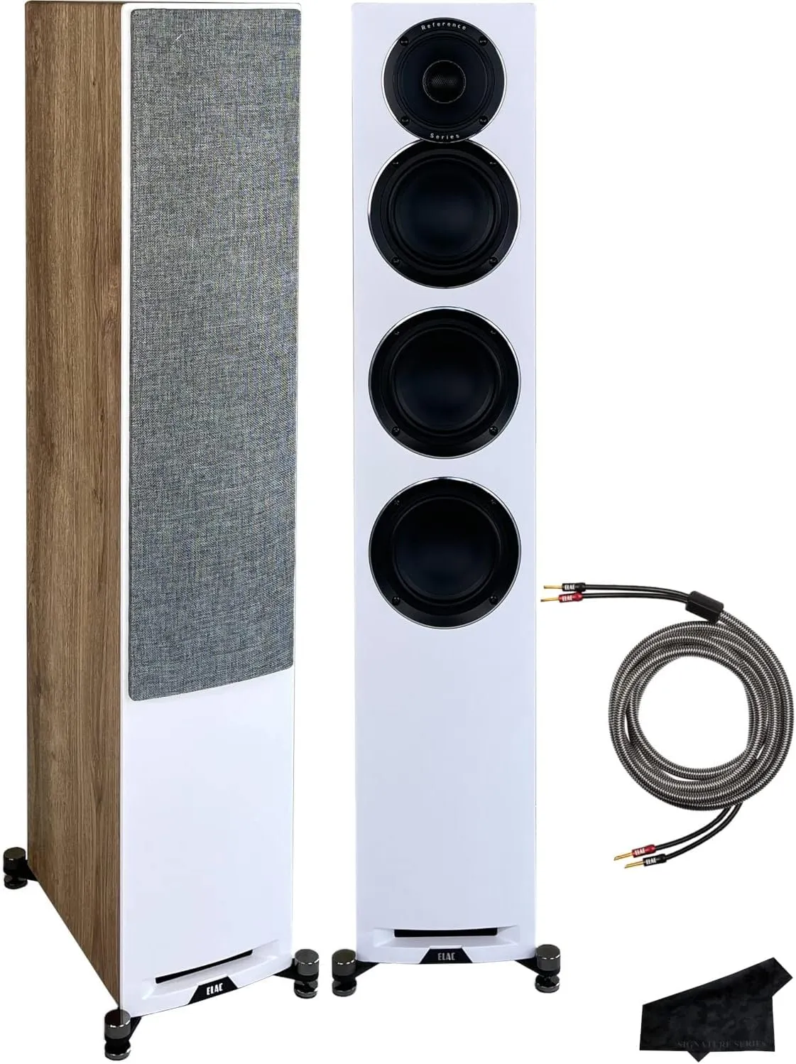 ELAC Uni-Fi Reference 5.25" 3-Way Floorstanding Speakers, White/Oak, Pair with RSPW-15FT-P 15 Foot Pair of Reference Sensible Speaker Wires and Signature Series Microfiber Cloth