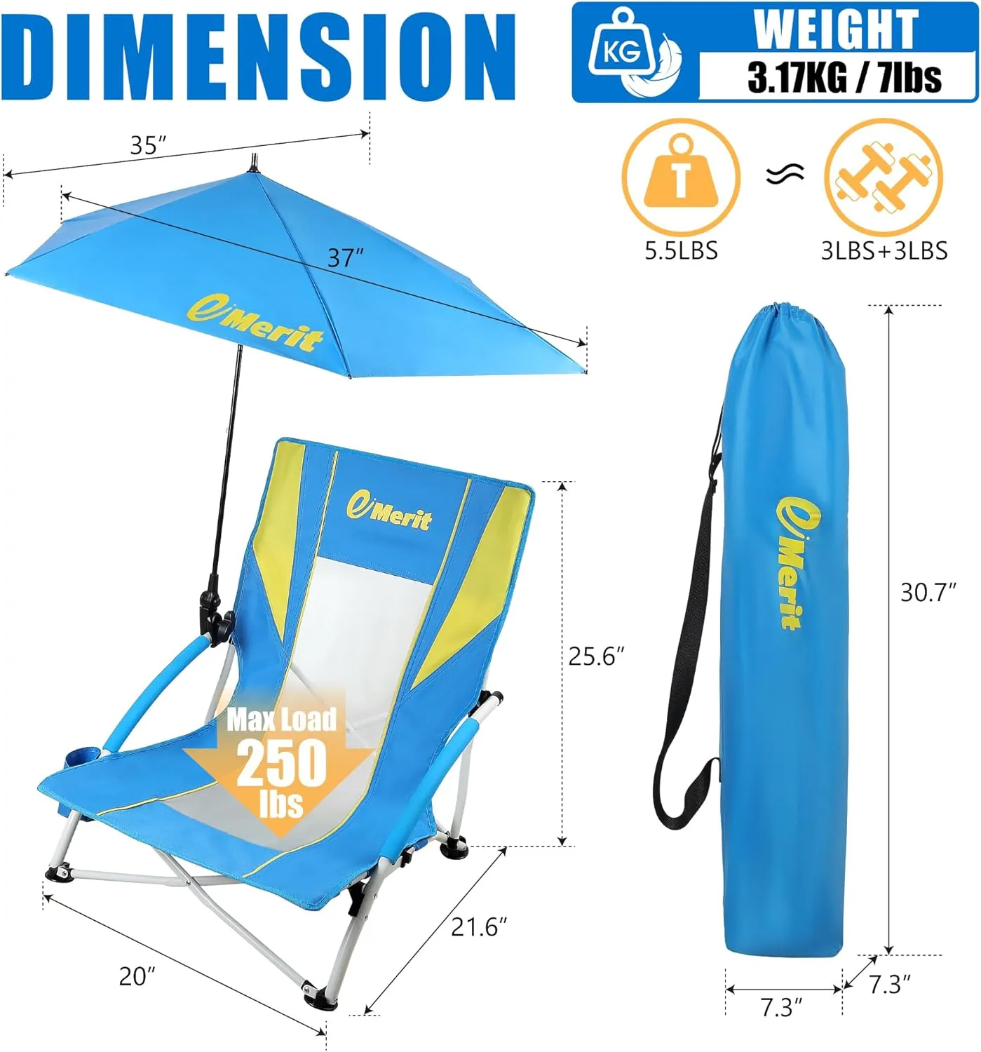 EMERIT Low Beach Chairs for Adults, Sling Beach Chair with Umberalla, Folding Backpack Camping Chair with Cup Holder