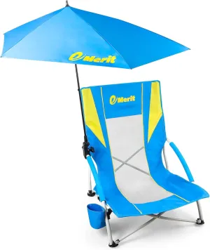 EMERIT Low Beach Chairs for Adults, Sling Beach Chair with Umberalla, Folding Backpack Camping Chair with Cup Holder