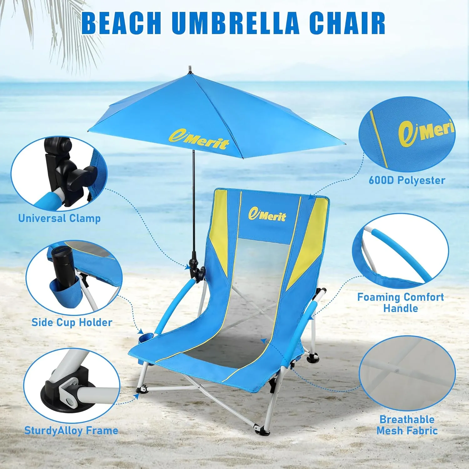 EMERIT Low Beach Chairs for Adults, Sling Beach Chair with Umberalla, Folding Backpack Camping Chair with Cup Holder