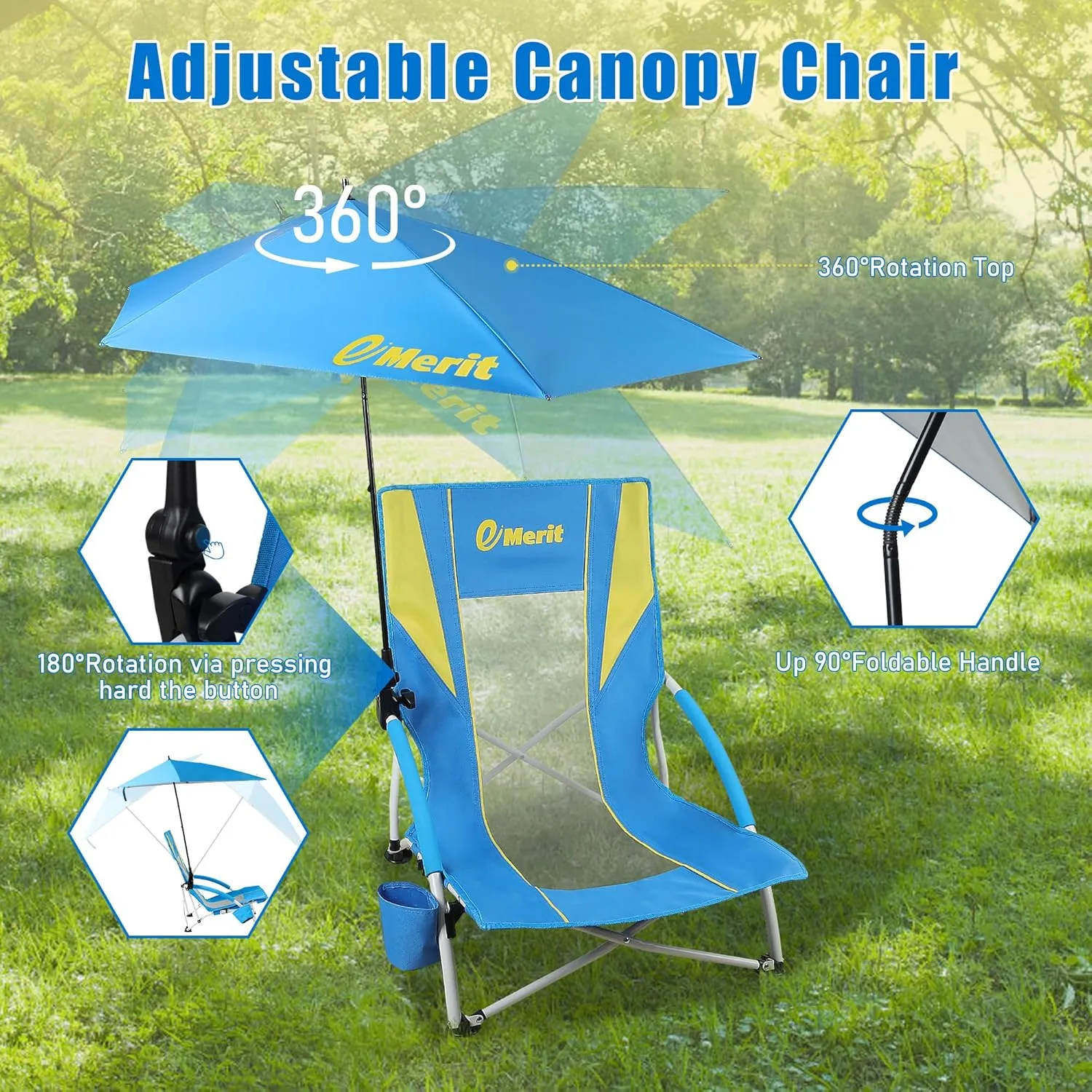 EMERIT Low Beach Chairs for Adults, Sling Beach Chair with Umberalla, Folding Backpack Camping Chair with Cup Holder