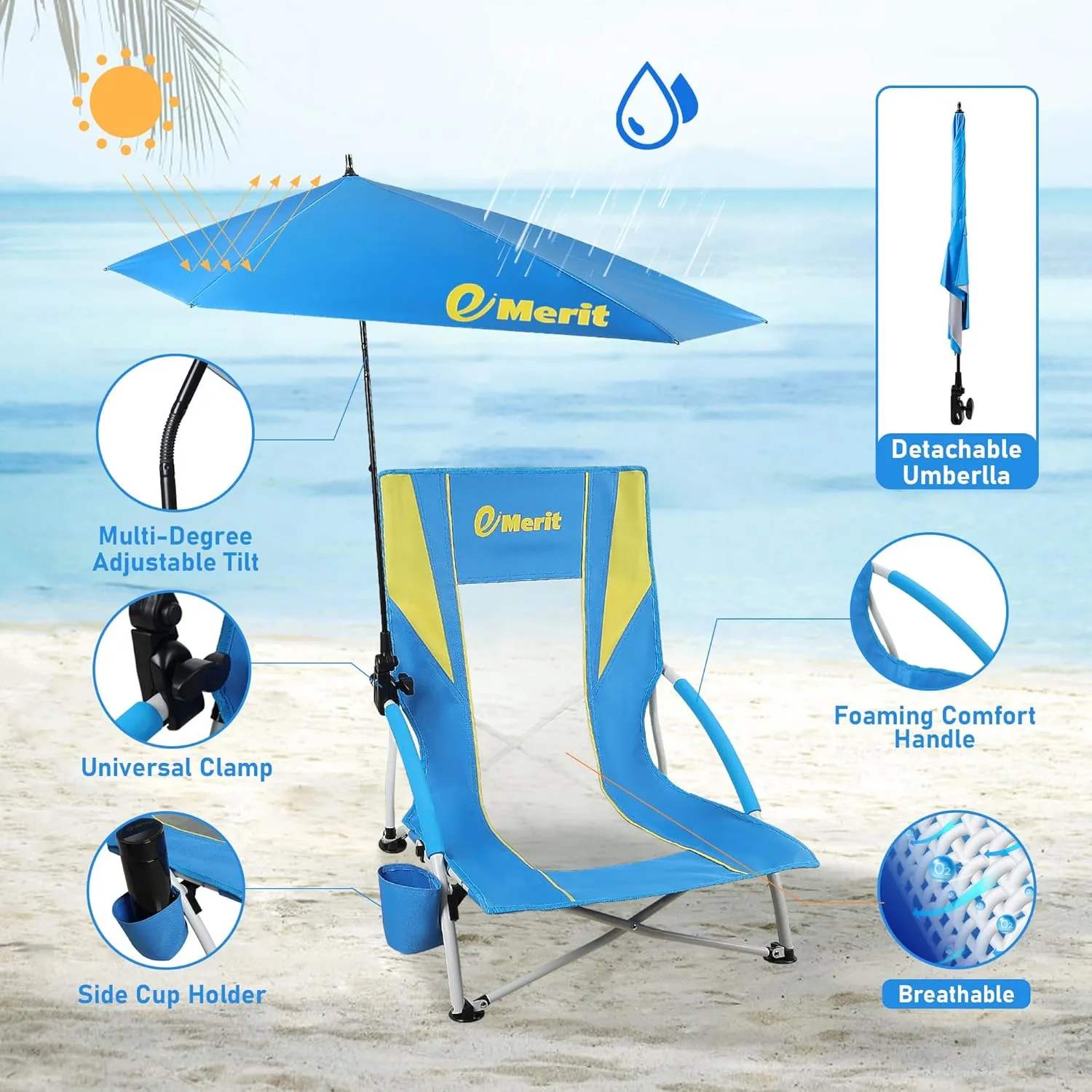 EMERIT Low Beach Chairs for Adults, Sling Beach Chair with Umberalla, Folding Backpack Camping Chair with Cup Holder