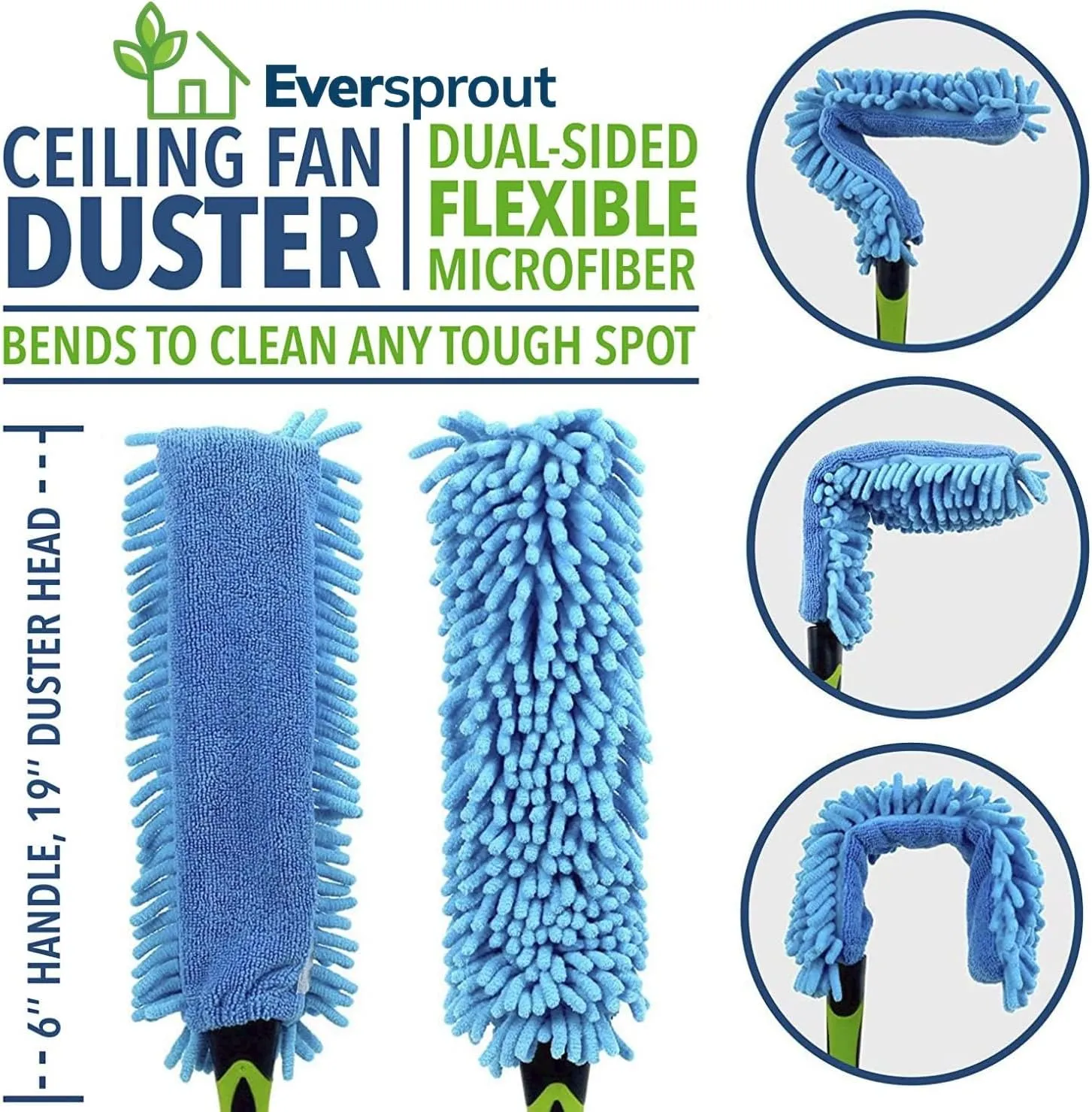 EVERSPROUT 20  Foot High Reach Flexible Microfiber Ceiling & Fan Duster | Bendable to Clean Any Fan Blade | Removable & Washable Brush Head |5-to-12 Foot 3-Stage Lightweight Aluminum Extension Pole