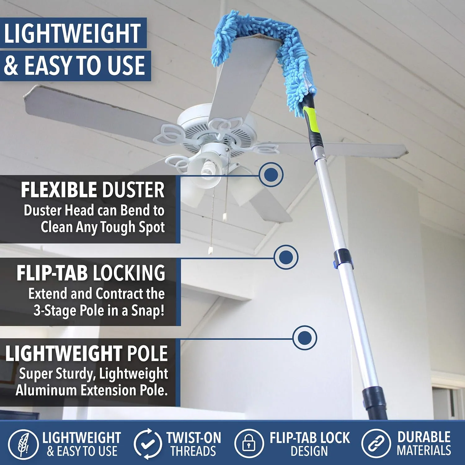 EVERSPROUT 20  Foot High Reach Flexible Microfiber Ceiling & Fan Duster | Bendable to Clean Any Fan Blade | Removable & Washable Brush Head |5-to-12 Foot 3-Stage Lightweight Aluminum Extension Pole