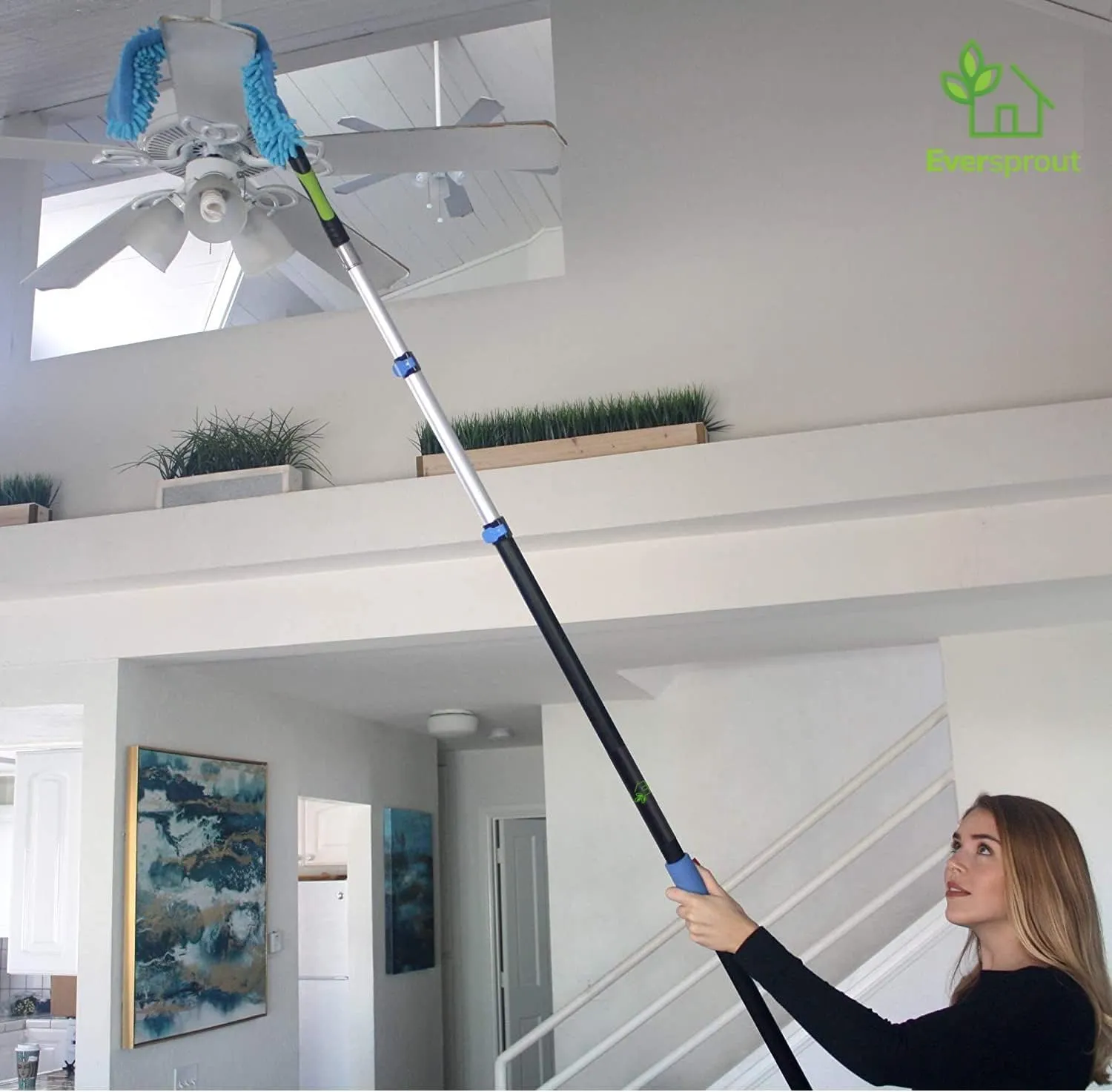 EVERSPROUT 20  Foot High Reach Flexible Microfiber Ceiling & Fan Duster | Bendable to Clean Any Fan Blade | Removable & Washable Brush Head |5-to-12 Foot 3-Stage Lightweight Aluminum Extension Pole