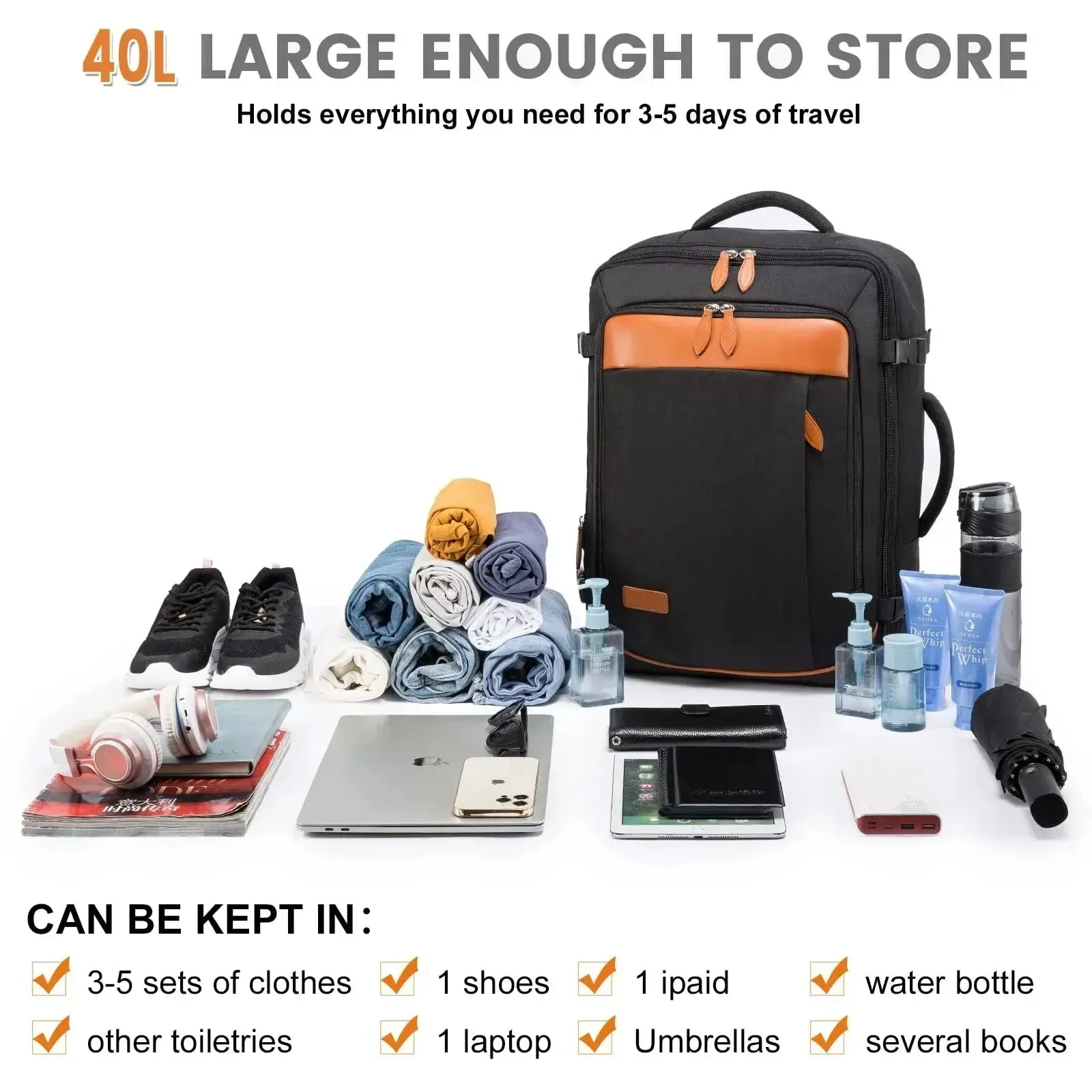 Expandable Waterproof Travel Laptop Backpack 40L