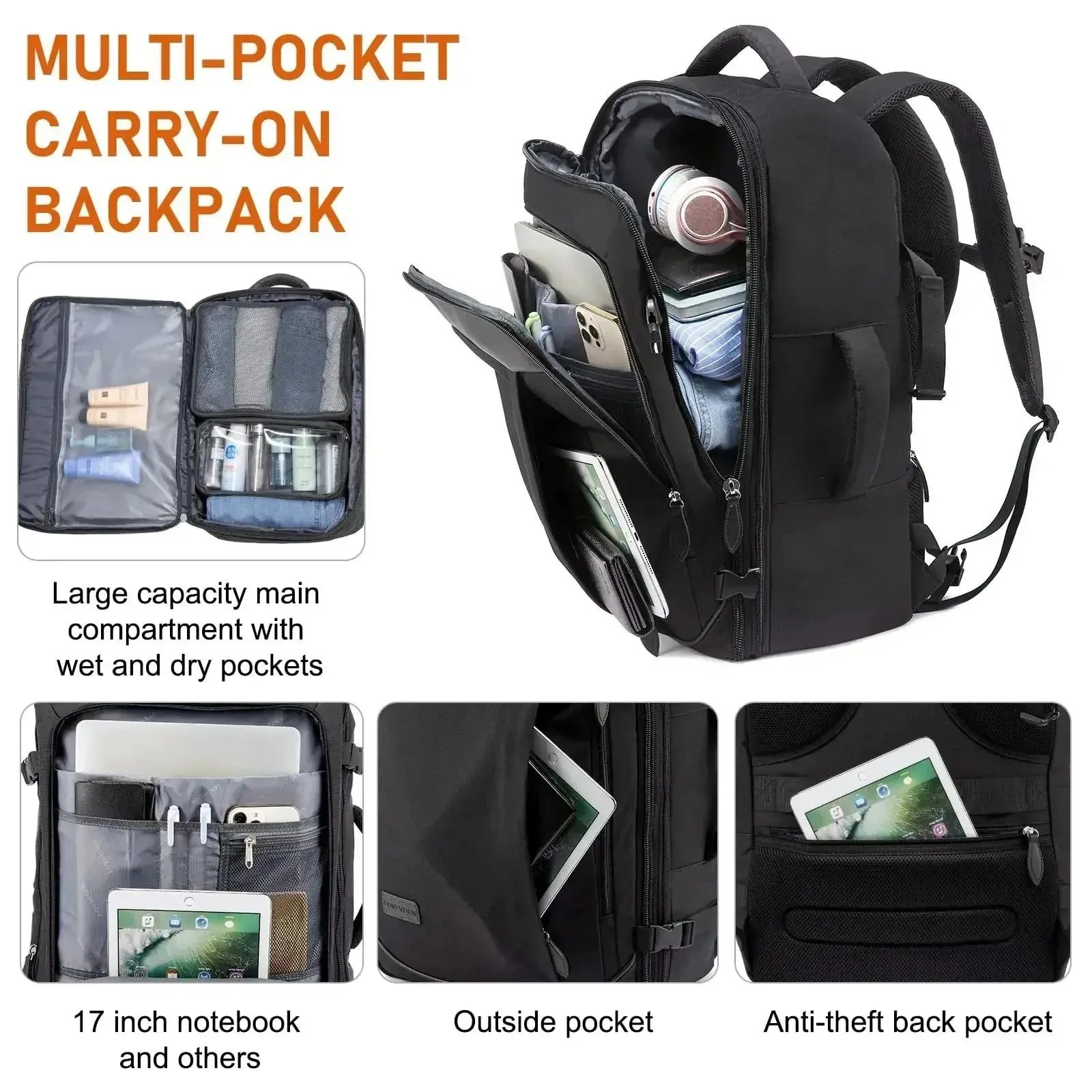 Expandable Waterproof Travel Laptop Backpack 40L