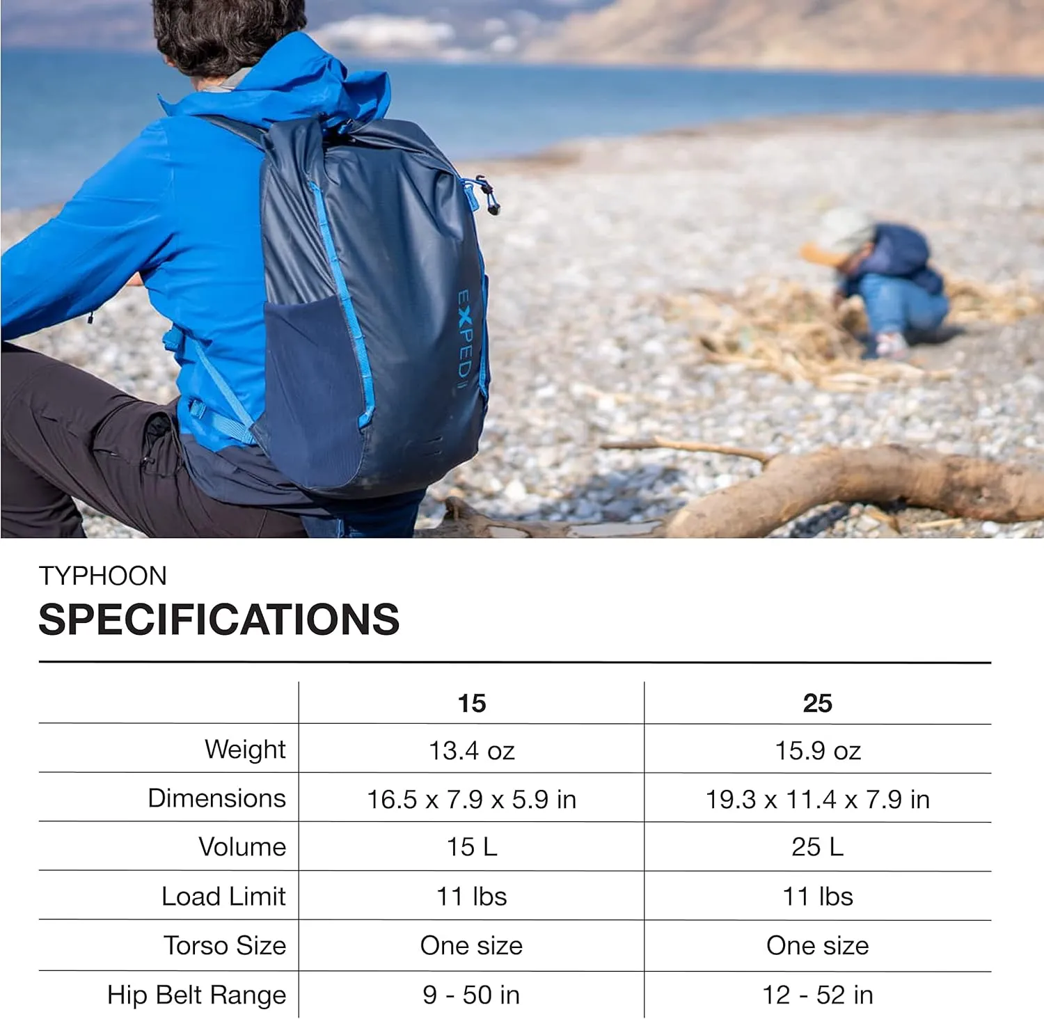 Exped Typhoon 25 Backpack - Waterproof Lightweight Multifunctional Roll-Top Travel Daypack with Compact Packed Size, Navy, 25L
