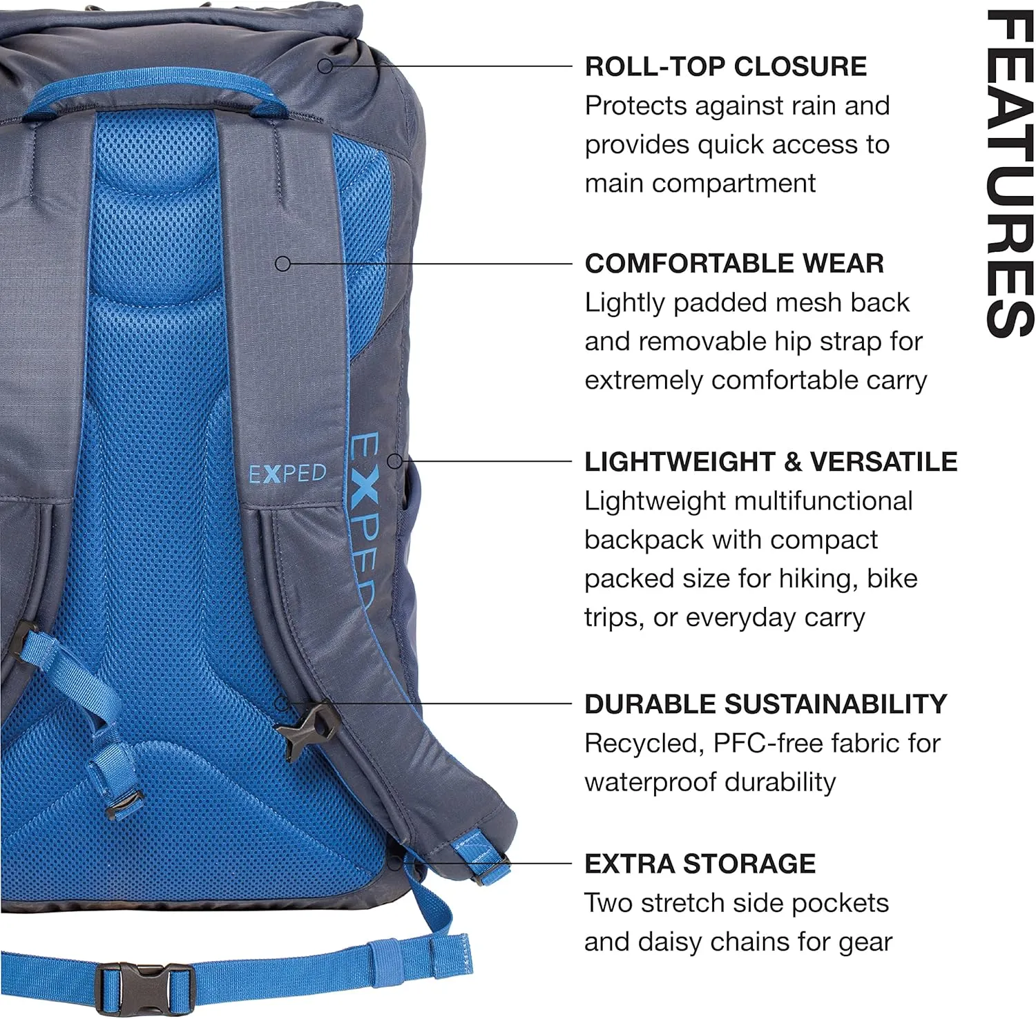 Exped Typhoon 25 Backpack - Waterproof Lightweight Multifunctional Roll-Top Travel Daypack with Compact Packed Size, Navy, 25L